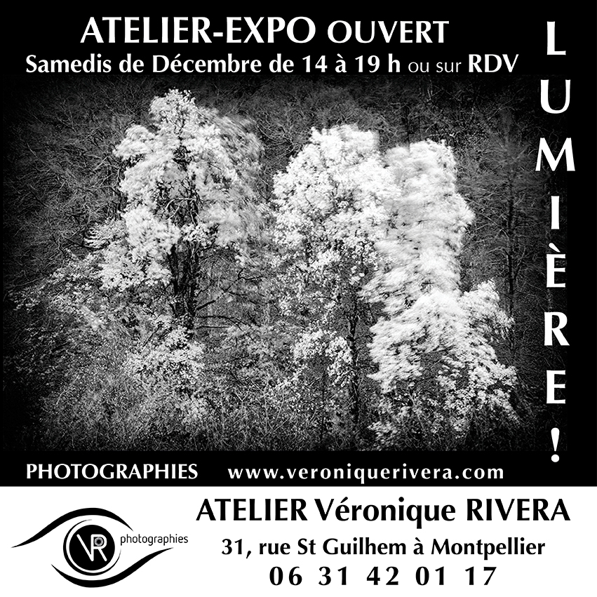 affichette annoncant l'ouverture de l'atelier de Véronique Rivera pour les samedis avant Noël 2021 avec photo d'arbres 