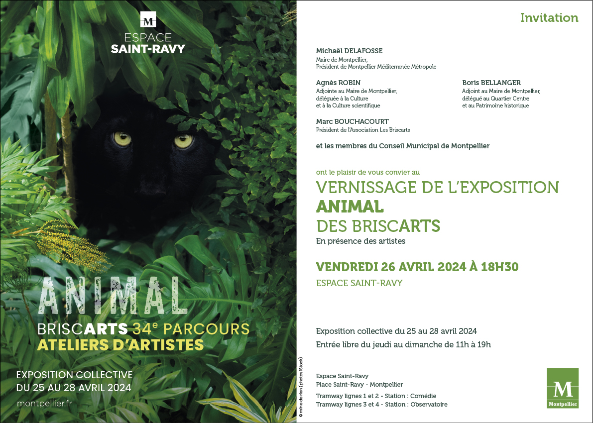 Carton d'invitation de l'exposition ANIMAL des Briscarts, 34e parcours d'ateliers d'artistes de Montpellier