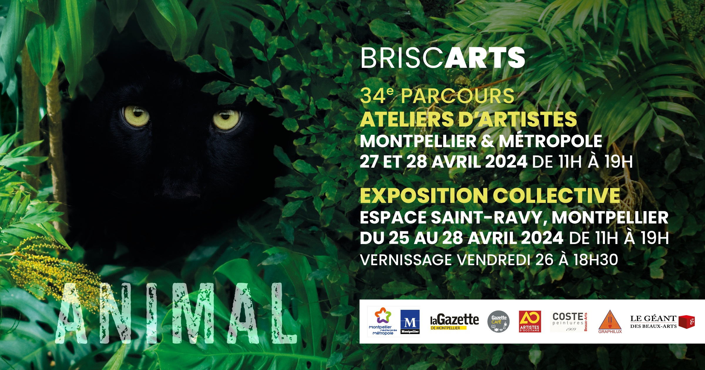 Affiche de l'exposition ANIMAL des Briscarts, 34e parcours d'ateliers d'artistes de Montpellier