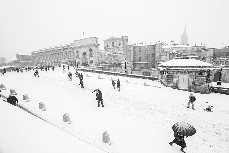 Montpellier sous la neige, L'Arc de Triomphe vu des Jardins du Peyrou - 28 février 2018