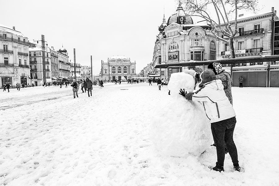 Montpellier sous la neige, Place de la Comédie - 28 février 2018