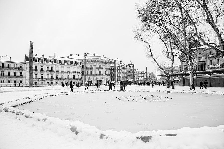 Montpellier sous la neige, Place de la Comédie - 28 février 2018