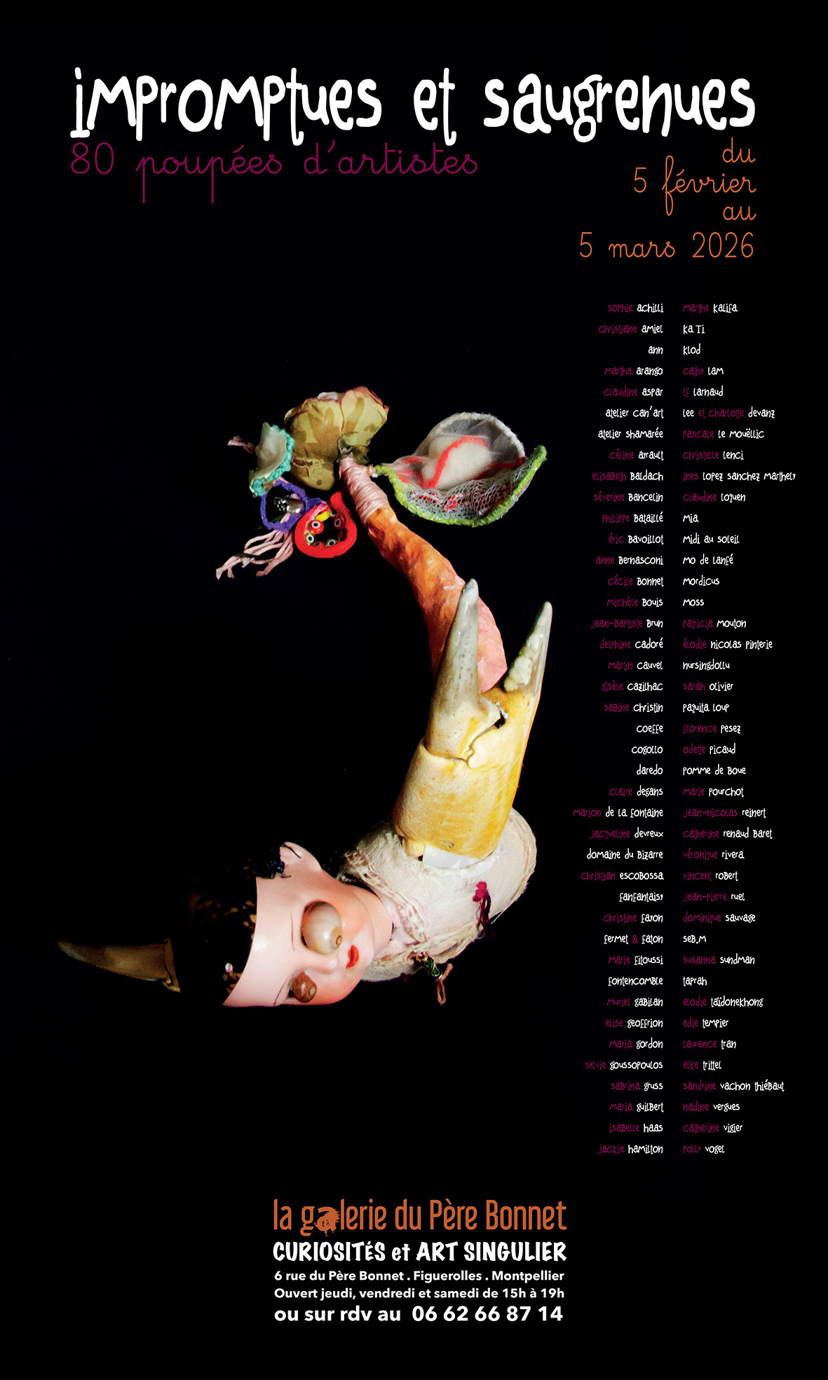 affiche de l'expo Poupées impromptues, poupées saugrenues